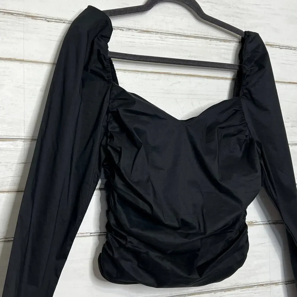 ASTR the Label Black Sweetheart Ruched Puff Long Sleeve Blouse Size Medium